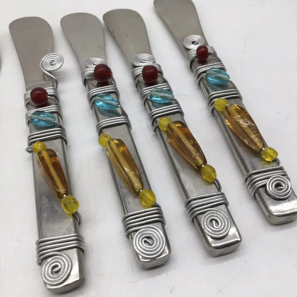 Vtg Beaded Wire Wrapped  Appetizer Cheese Fork Knife Spreaders Set Of 8 India